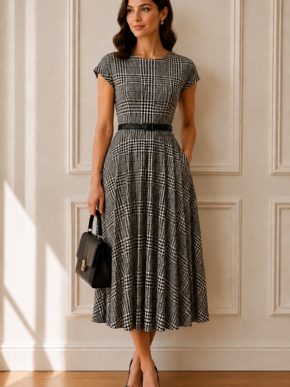 NWT midi dress M fit/flare hounds tooth pleats metallic thread office work